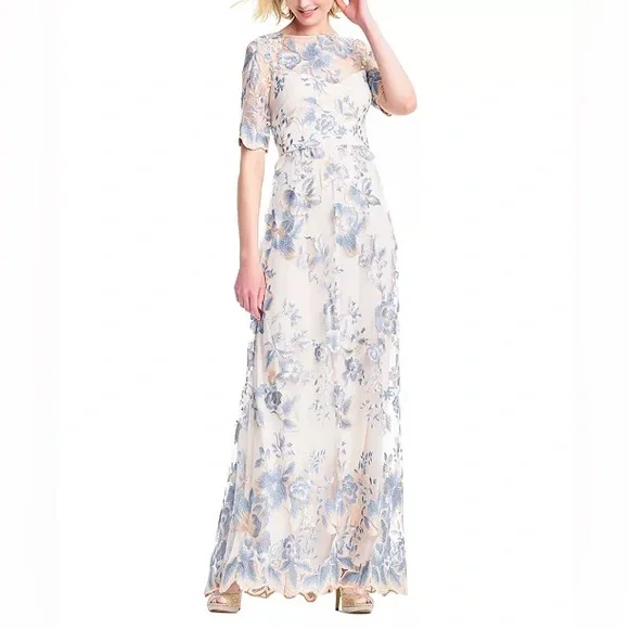adrianna papell embroidered floral dress Floral Embroidered Illusion Midi Dress In Midnight Multi